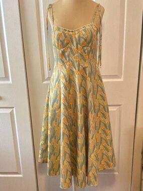 DSIXSIX sage Green Midi Dress with Yellow Tulip Print - Spaghetti Strap